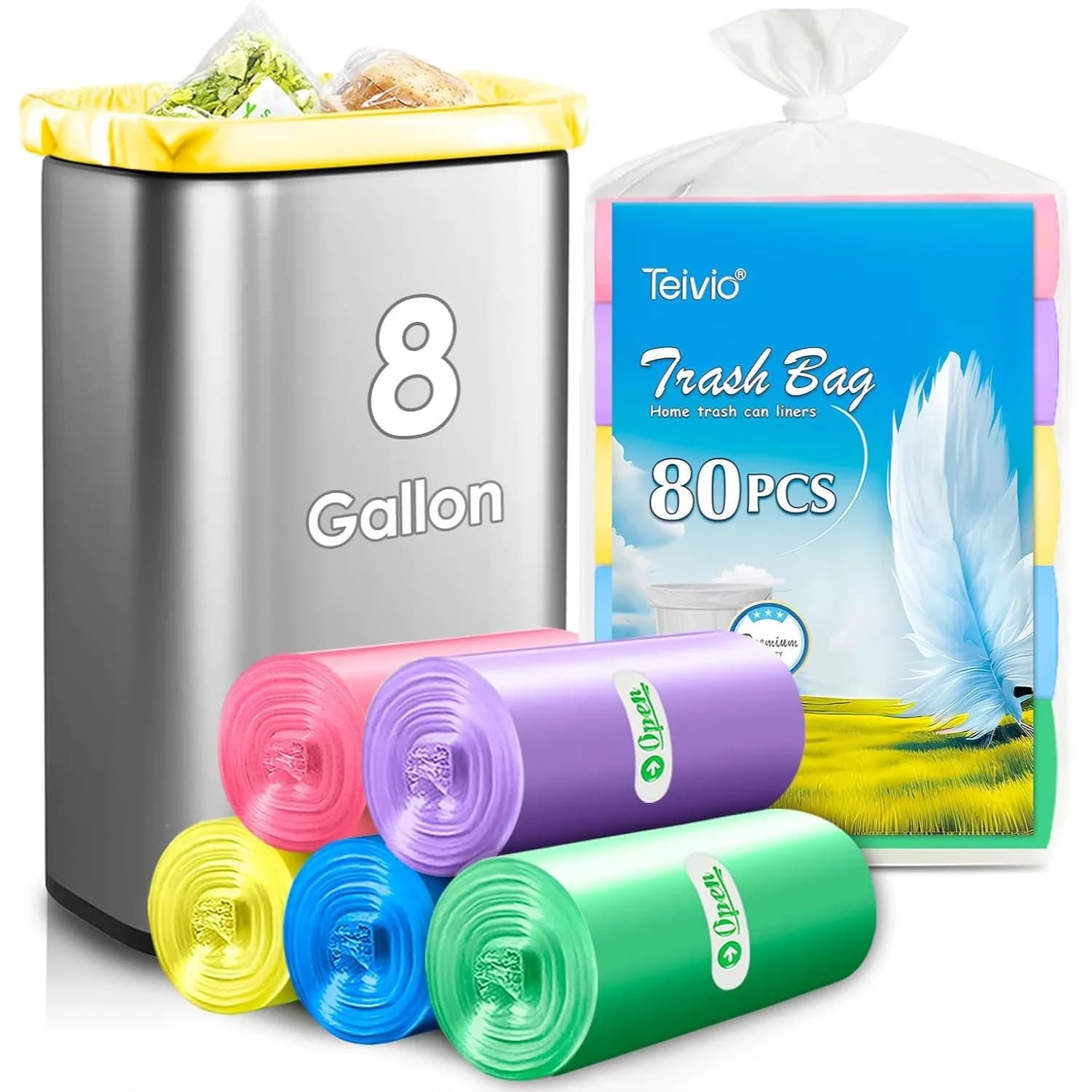 Sacchi per la Spazzatura Trasparenti da 8 Galloni, Confezione da 80 Pezzi, Adatti per Bidoni da 7-10 Galloni, Sacchi Resistenti da 30 Litri per Bagno, in Plastica Multicolore