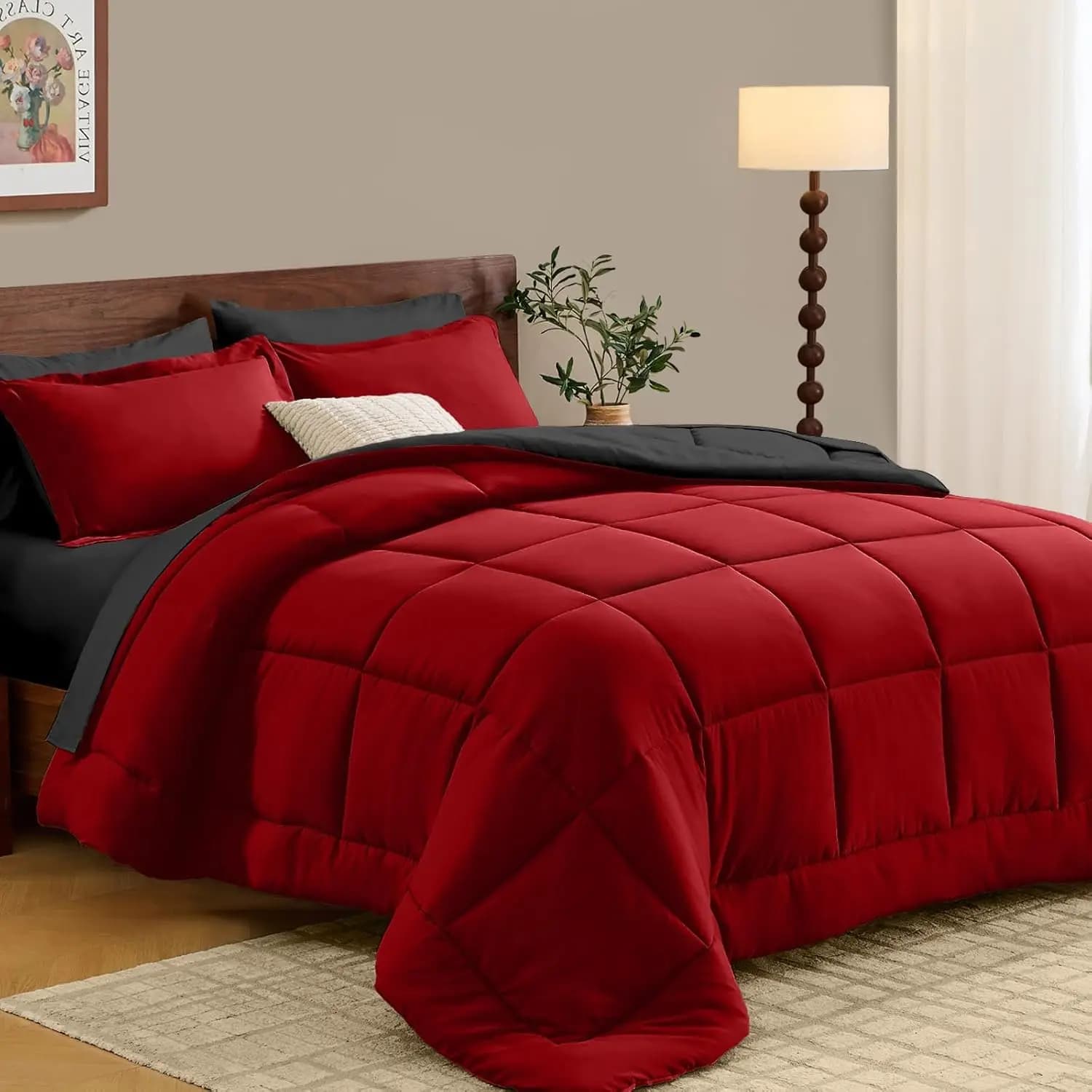 Queen Comforter Set 7 Pieces, Reversible Bed in a Bag, All Season Microfiber Bedding with Flat Sheet, Fitted Sheet, Pillowcases & Shams, Red & Black