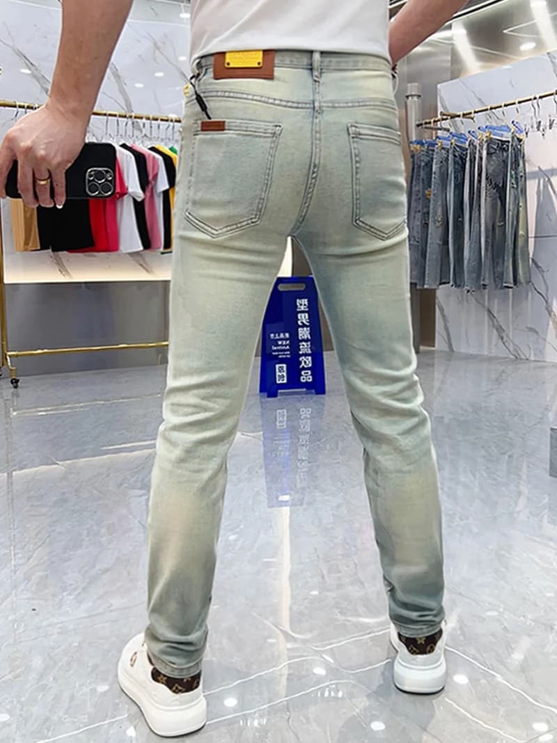 Washed Blue Jeans Men's Slim Fit Casual Thin Summer Fashion Comfortable Small Foot Pants Youth Trendy Long Pants mid Waist