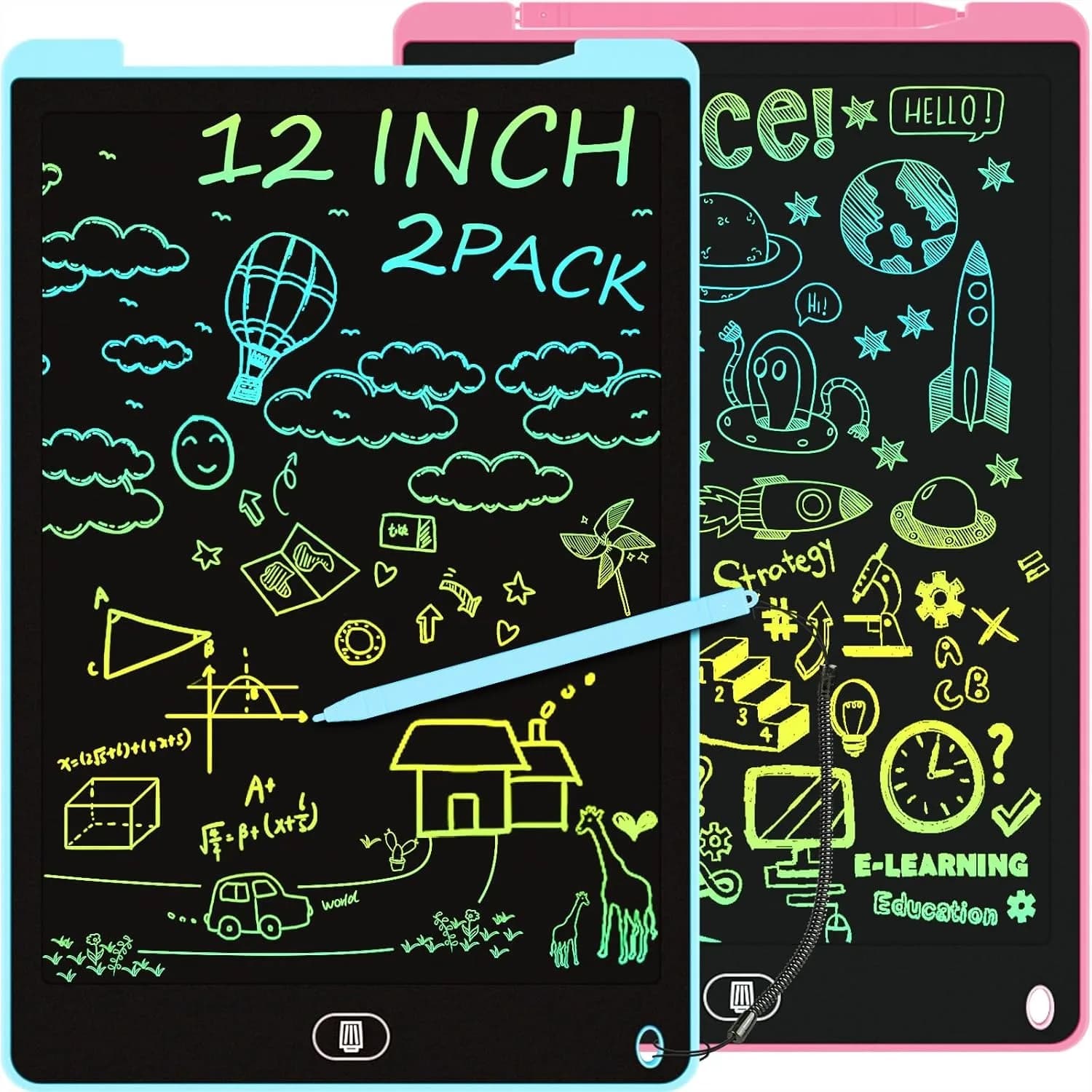 Set di 2 Tavolette LCD da 12 Pollici per Bambini, Lavagna Colorata con Funzione Blocco e Cancellazione, Tavoletta da Disegno per Bambini e Bambine dai 3 agli 8 Anni