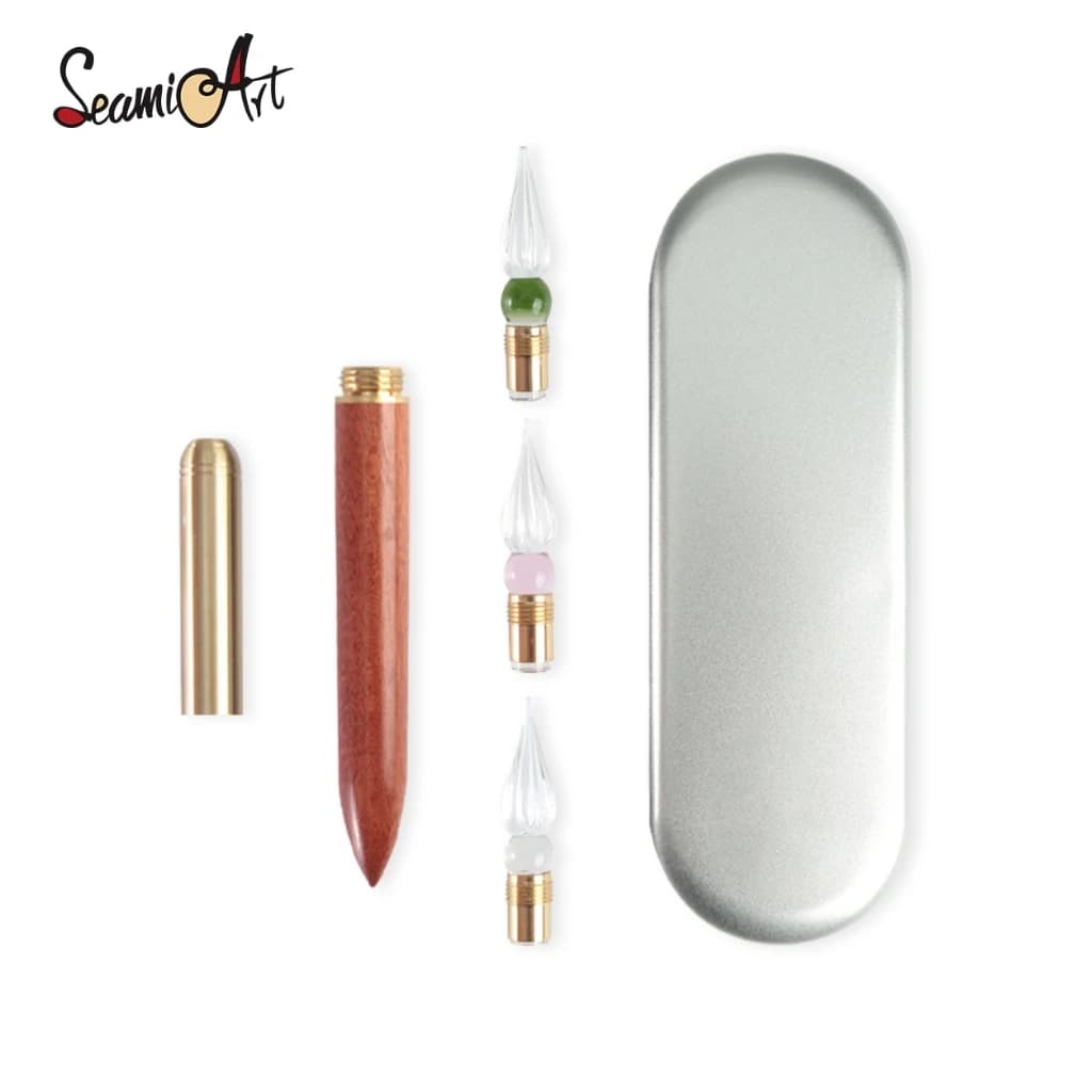 SeamiArt Replaceable Glass Nibs Wood Handle Dip Pen Set with Metal Box for Calligraphy Students Writing Drawing Art Supplies