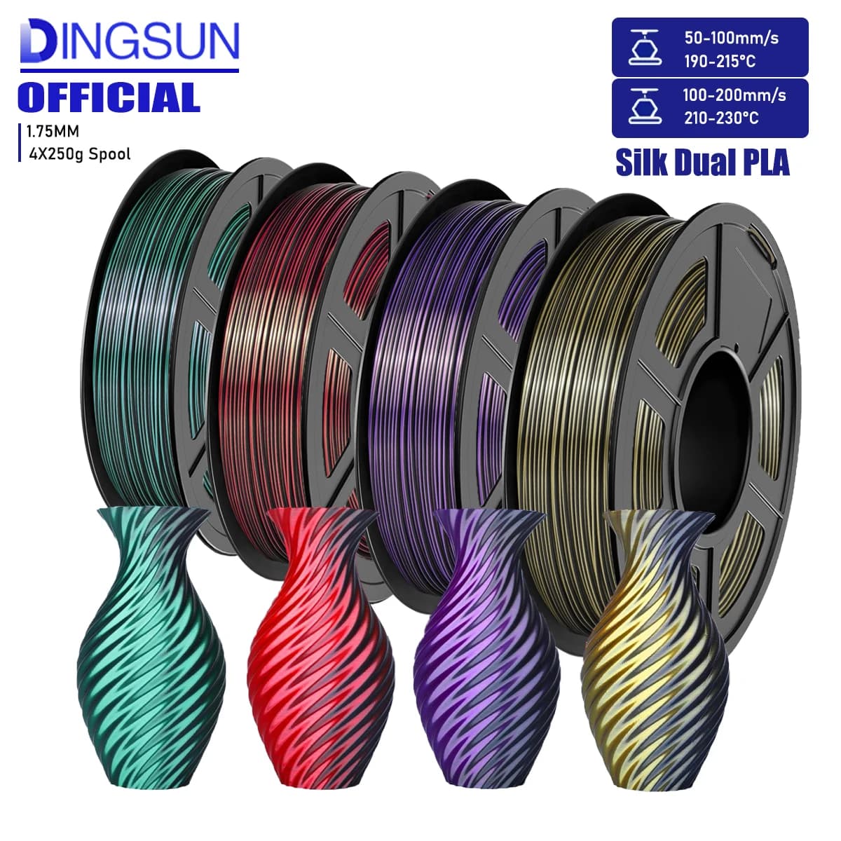 DINGSUN 3D Printer Filament Filament, Silk Filament 1,75 mm, Two-tone Filament 250 gX 4 Coils Multicolor Silk Filament