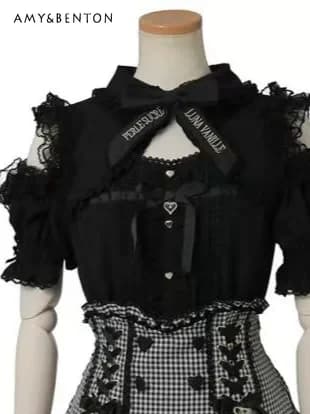 Nuova Camicia Estiva Giapponese Liz in Pizzo con Spalle Scoperte, Stile Lolita, a Maniche Corte, da Donna, Dolce e Carina, con Fiocco e Bordo Arricciato