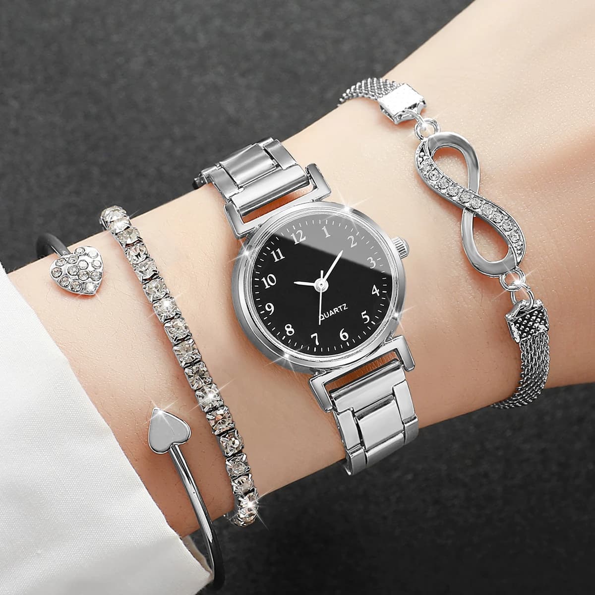 Set of 4 Women's Watches with Arabic Dial, Alloy Strap, Bracelets with Rhinestones, Reloj Mujer (Without Box)
