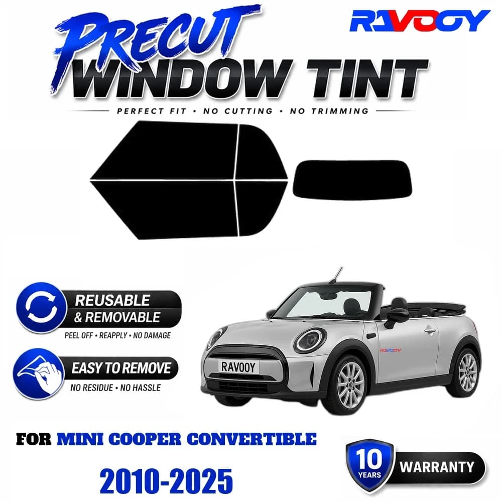 RAVOOY Precut Window Tint, Reusable Removable EPU Film, Custom Fit for Mini Cooper Convertible 2010-2025, UV Heat Protection