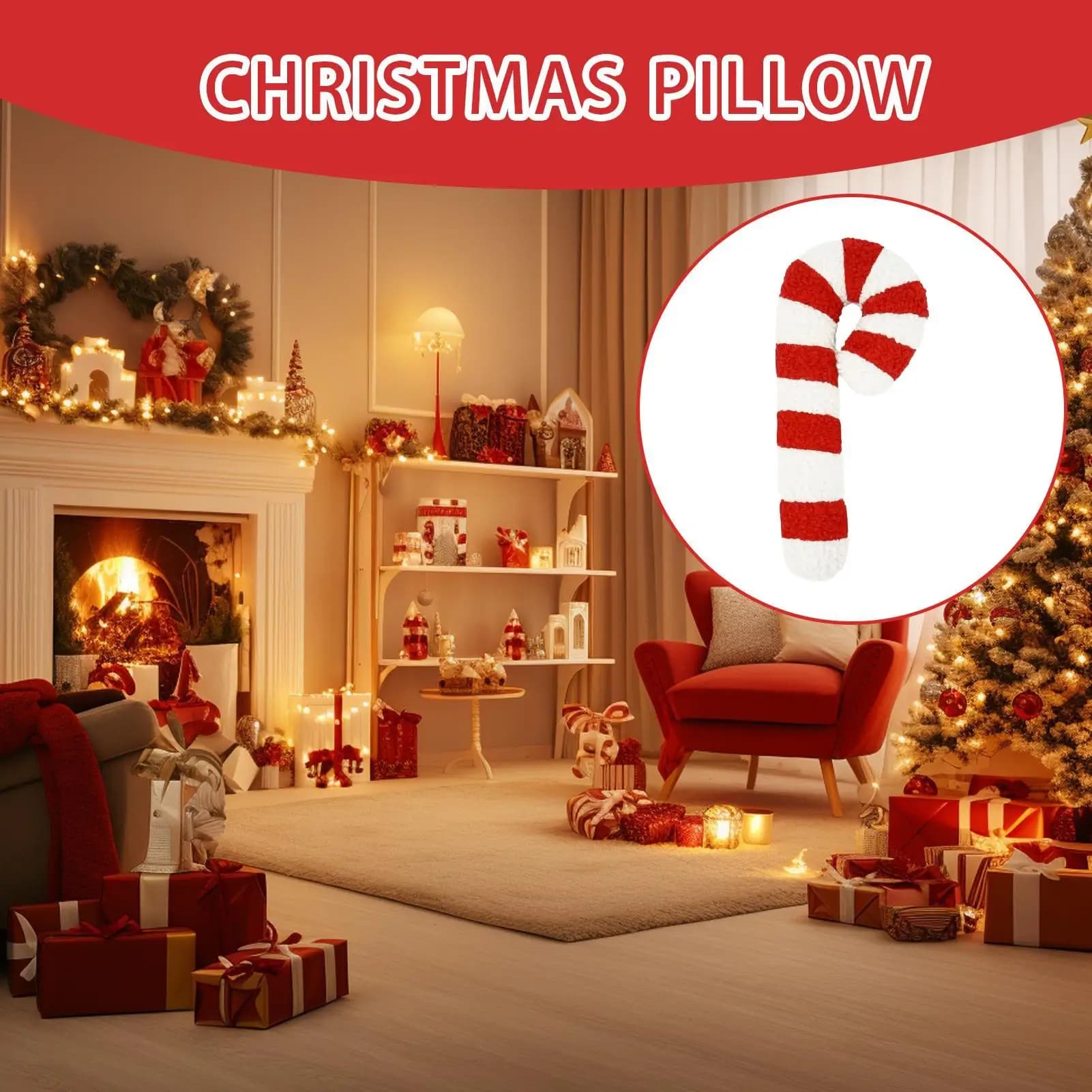 Christmas Candy Cane Throw Pillow 35cm/54cm Holiday Plush Soft Decorative Cushion for Sofa Bed Window Sill and Bedroom
