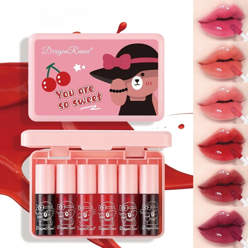 Polished lip colored by 6 pieces Long-lasting set without transfer-proof leaching Polished glossy colored glossy bear packaging cute bears moisturizing beauty