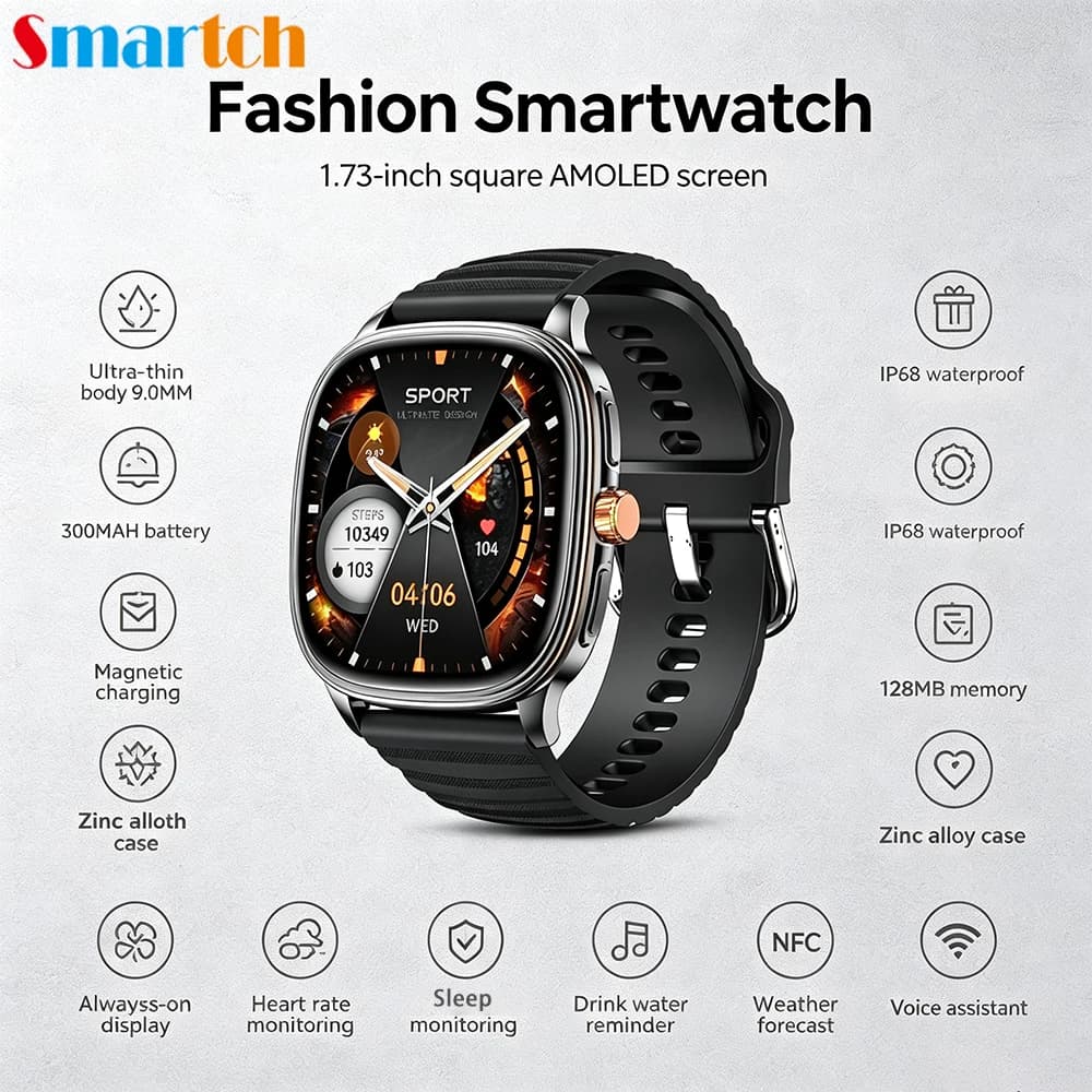 Man Woman Smartwatch IP68 Waterproof Sports Fitness Tracker Call Smart Watch NFC 1.73-inch Square AMOLED Screen Voice Assistant