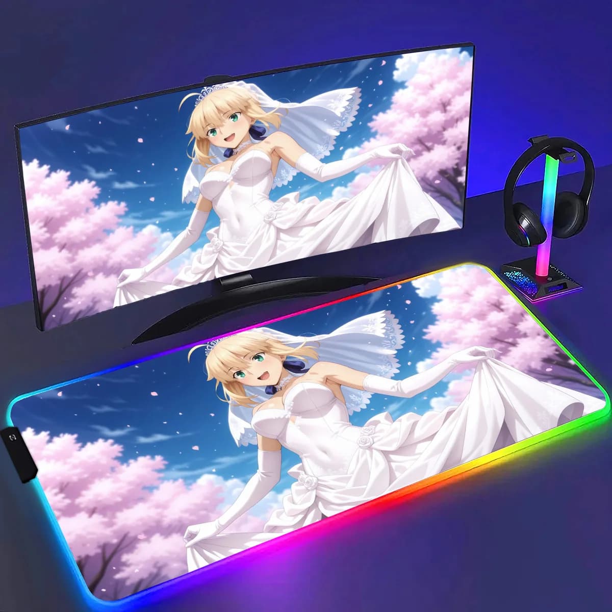 RGB Anime Fate Saber MousePad E-Sports Laptop Gamer Tappetino da scrivania Accessori Tastiera da gioco per computer antiscivolo Tappetino per mouse grande