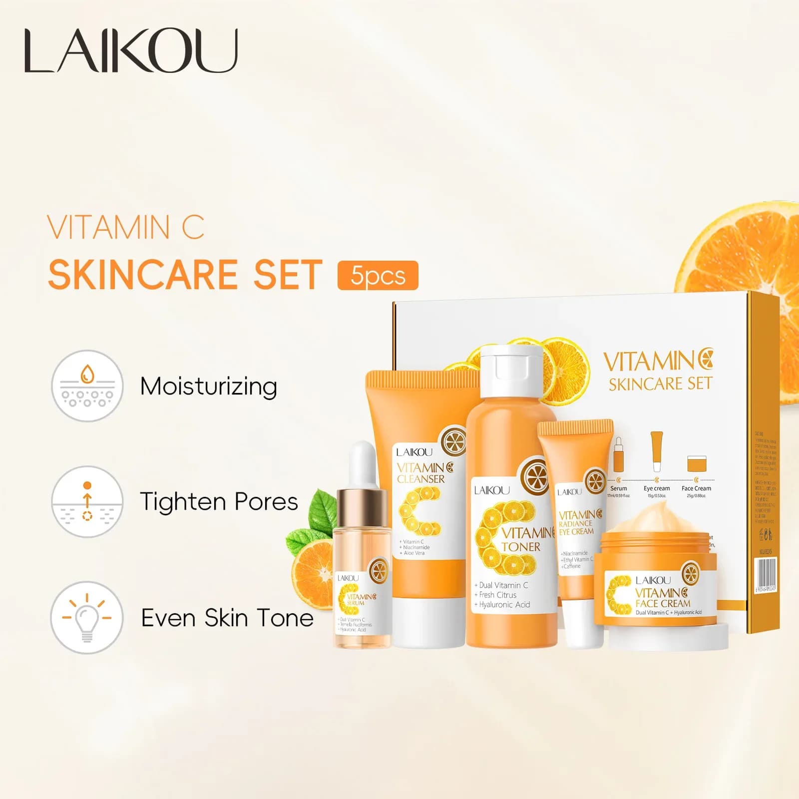 Vitamina C Cura della pelle 5 pezzi Set Cura del viso Crema all'essenza schiarente Siero Detergente Tonico Crema per gli occhi Idratante