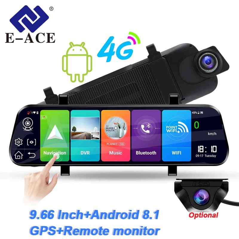 E-ACE Car Dvr FHD 1080P 4G Android 10 Inch Streaming ADAS Registrator Optional 1080P RearView Mirror Dash Cam Video Recorder Dvr