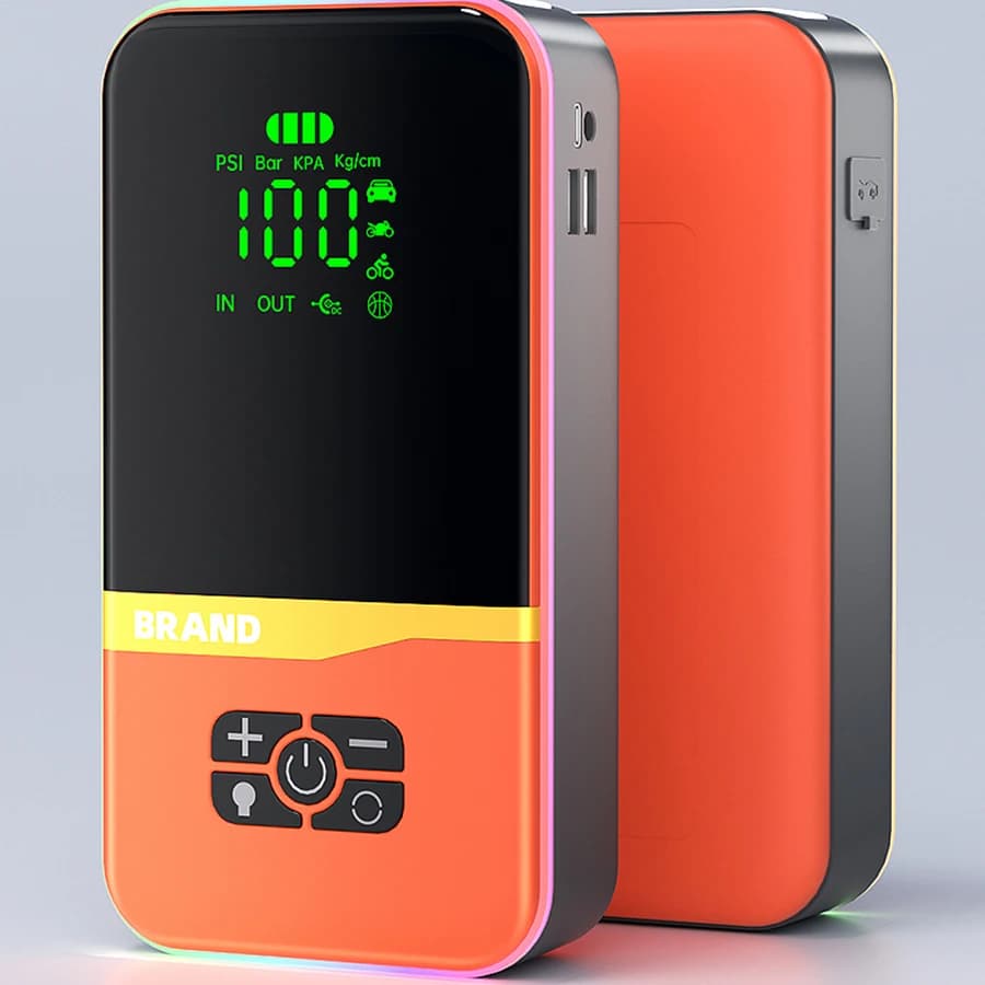 Avviatore di emergenza per auto 9V 4 in 1, compressore d'aria portatile con gonfiatore wireless per pneumatici, power bank, batteria portatile con ricarica rapida.