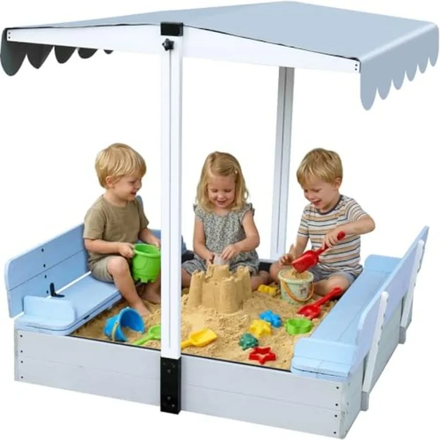 Sabbiera in Legno con Coperchio per Bambini 4-8 Anni, con 2 Sedute Pieghevoli, Tetto Retrattile e Rivestimento Protettivo Inferiore 47x4