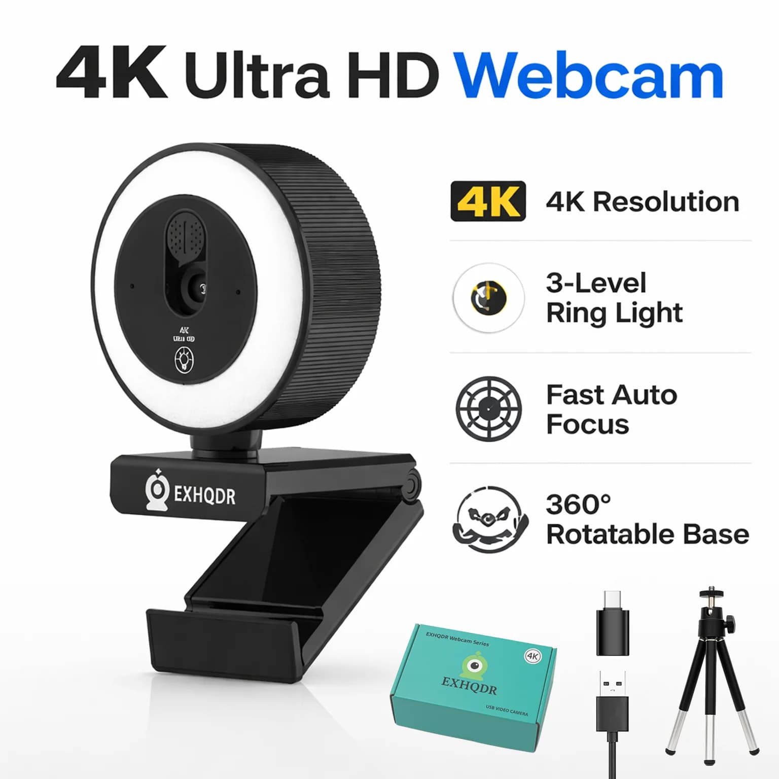 USB Webcam EXHQDR 4K/1080P with Autofocus, Ring Light, Privacy Cover, Tripod and Type-C Connector for PC, Zoom, Streaming and Meetings