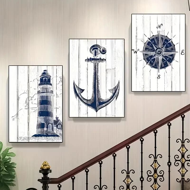 3pcs Nautical Canvas Print Wall Art Set Posters Definition Lighthouse Anchor & Compass Poster Coastal Home Living Room Decor