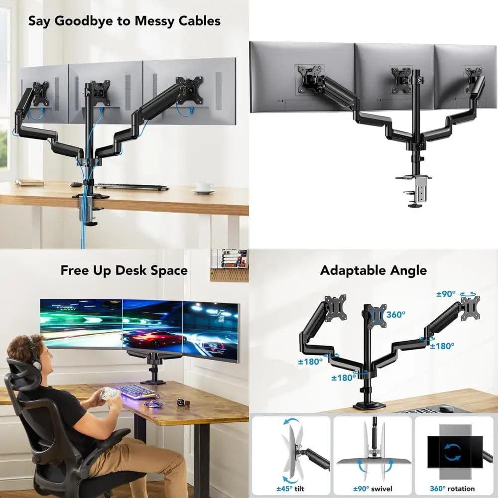 Supporto per monitor triplo per schermi per computer da 13-27 pollici, supporto da tavolo per 3 monitor con braccioli da 17,6 libbre, supporto per triplo monitor con Ti