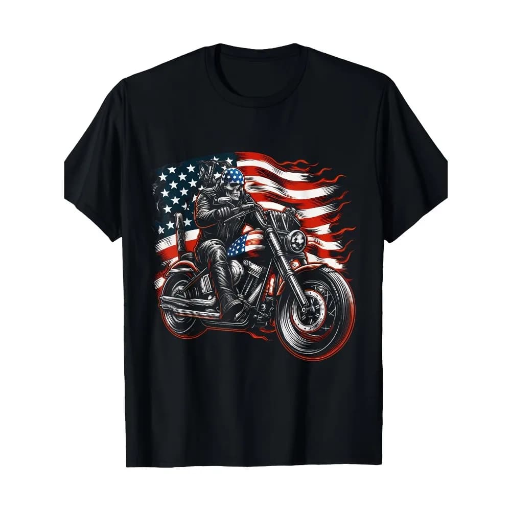 Motorcycle USA Flag Vintage Biker T-Shirt - Patriotic American Flag & Motorcycle Graphic, Soft Breathable 100% Cotton Crew Neck