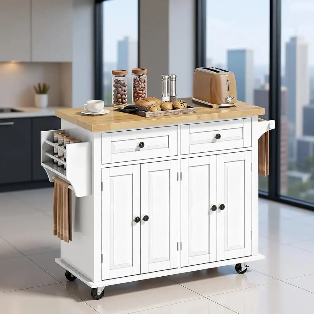 Carrello da Cucina Mobile in Legno Massello 44 con Armadietti, Ripiani Regolabili, Porta Spezie e Portasciugamani, Bianco