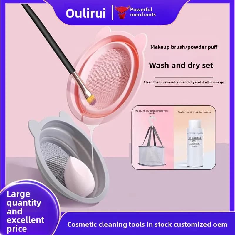 Strumento di Pulizia Pieghevole in Silicone per Pennelli da Trucco, Spugne Air Cushion e Beauty Blender, con Tasca a Rete per Asciugatura e Conservazione