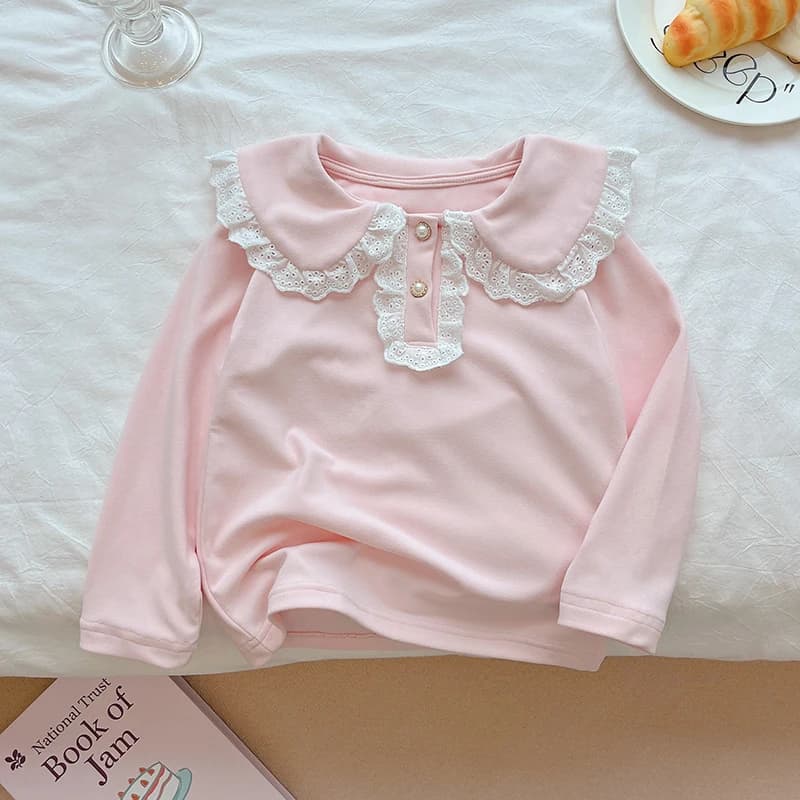 T-shirt a maniche lunghe da ragazza autunnale Colletto per bambola in pizzo dolce Top ricamato a fiori Felpa sottile allentata casual per bambini coreani