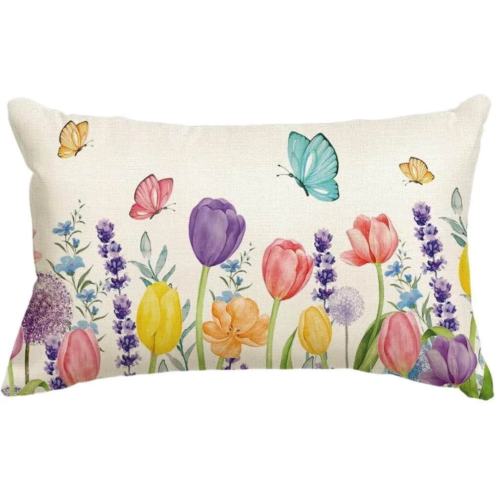Spring Flowers Tulip Lavender Eucalyptus Butterfly Decorative Throw Pillow Cover 12x20 Inch Floral Cushion Case for Sofa Couch Bed Living Room Decor Farmhouse Home Accent Soft Polyester Linen Style Modern Square Pillow