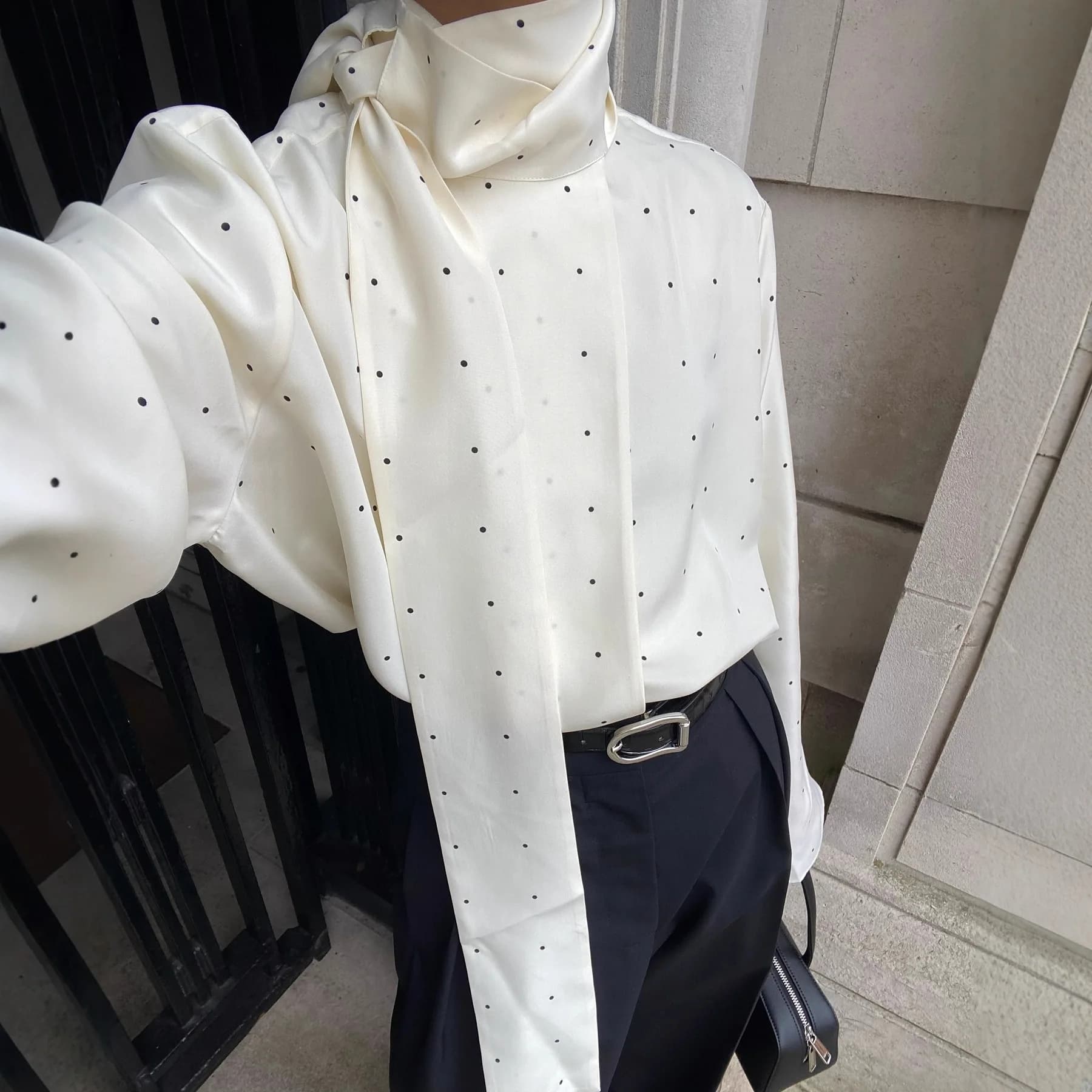 White Black Polka Dot Blouse Tie Mock Neck Wrap Front Flare Long Sleeve Loose Satin Women Elegant Office Daily Shirt Top 260701