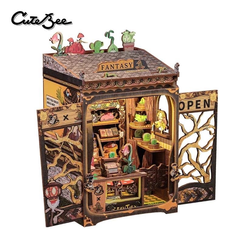 CUTEBEE Book Nook Mini Doll House DIY with Light Wooden Library Insert Fantasy Plant Store Booknook Decor for Gifts Puzzle 3D