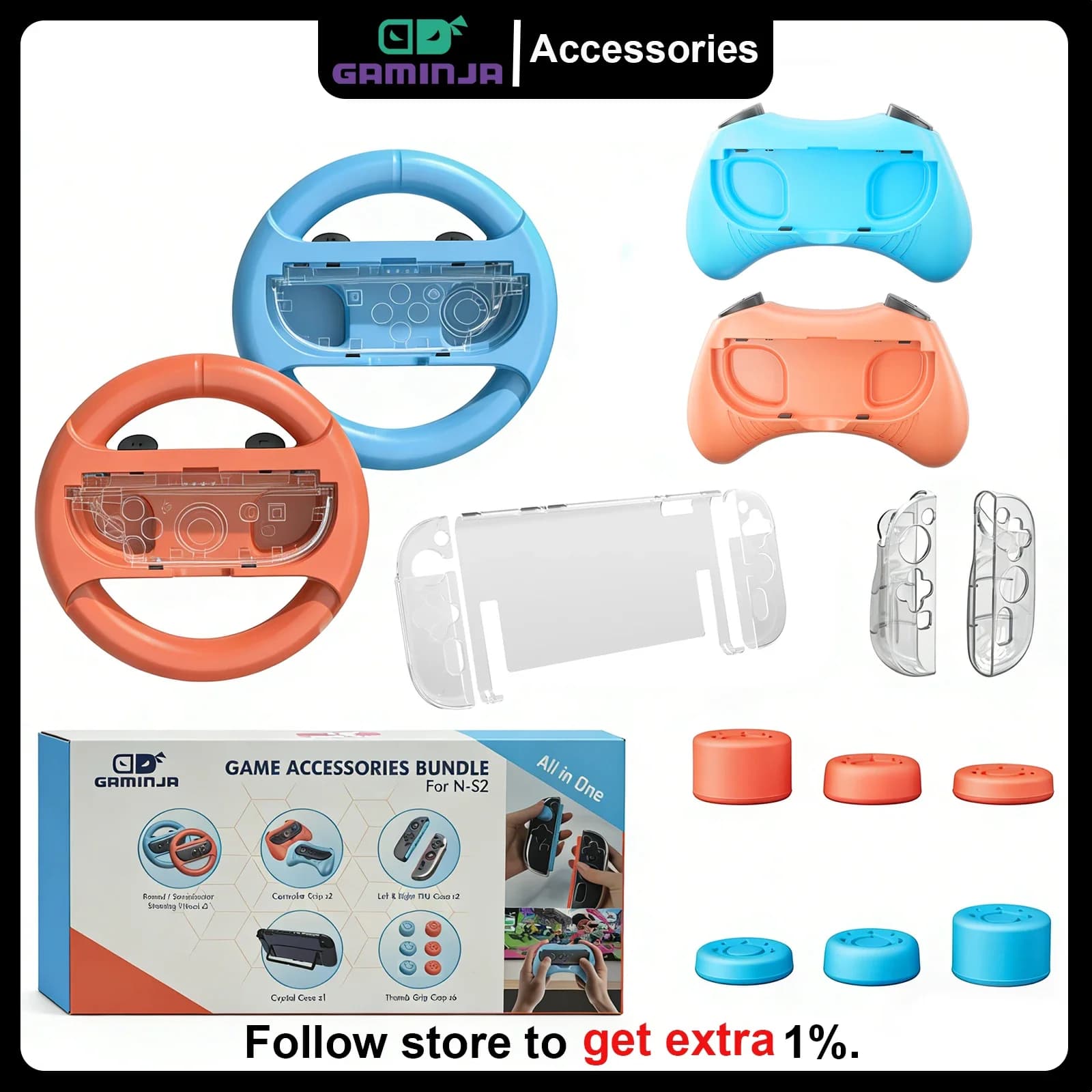 Kit di accessori da gioco GAMINJA 13-in-1 per Nintendo Switch 2 Joy-Con, volante, impugnatura per controller, custodia in cristallo