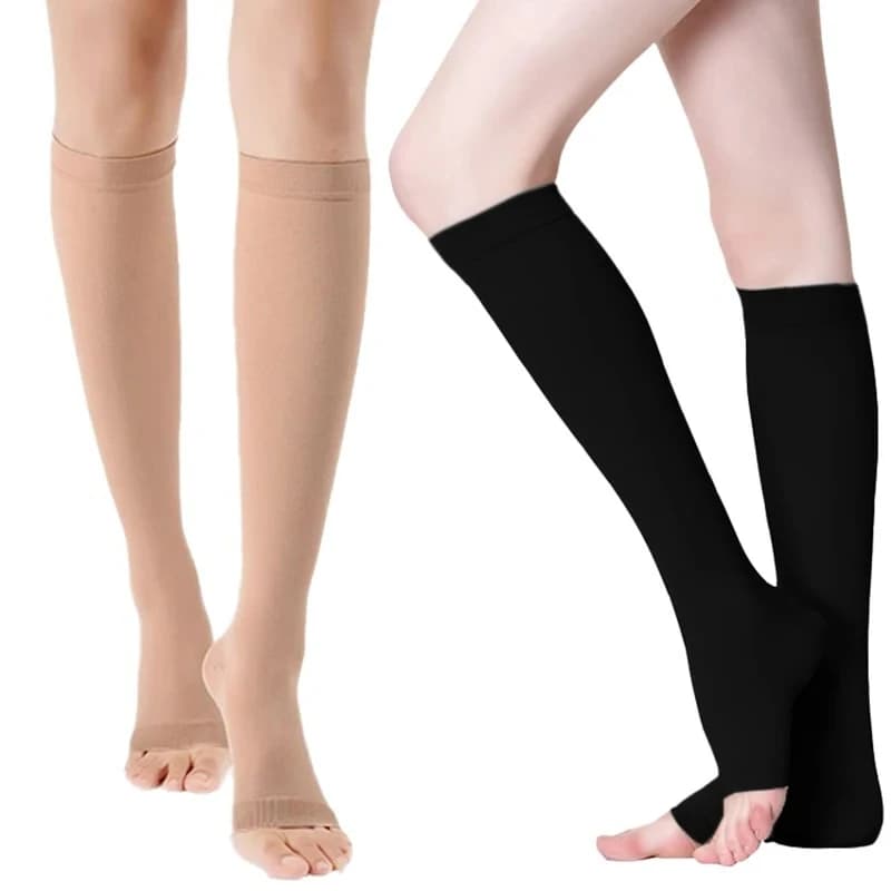 1 paio di calze a compressione unisex per polpacci, prevengono le vene varicose, modellano gradualmente con pressione elastica, calze al ginocchio con punta aperta