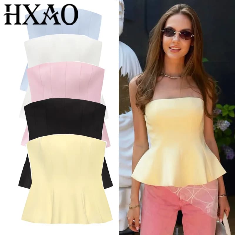HXAO Corsetto Crop Top Donna Senza spalline Canotta gialla Canotta estiva Backless Rosa Top a tubo Party Bustier senza maniche Nero Bianco Top