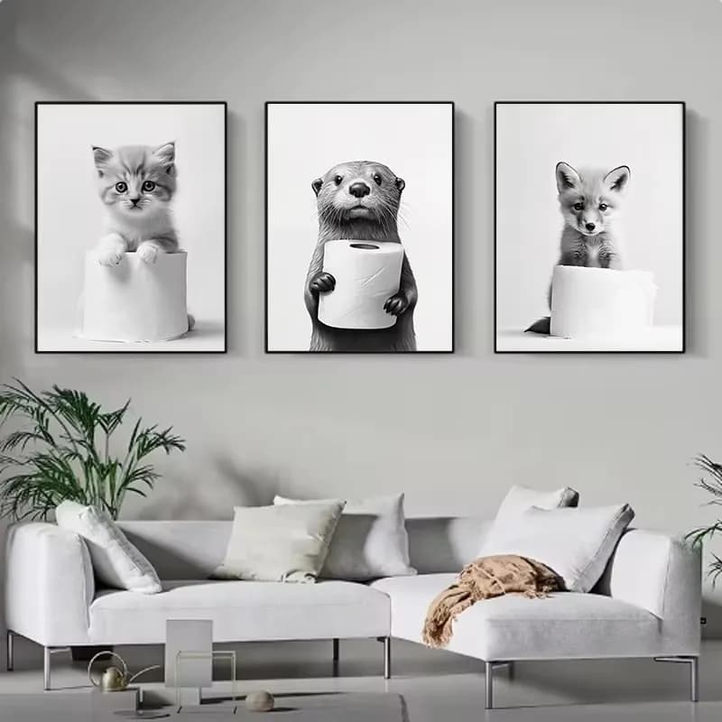 Animali carini in bianco e nero Pittura su tela Poster Divertente carta igienica Lontra Gatto Tigre Stampa artistica da parete Immagine per l'arredamento del bagno