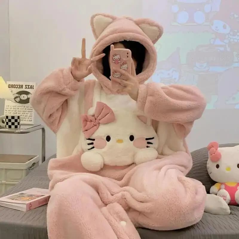 Hello Kitty Cute One-Piece Pajamas for Women Coral Velvet Autumn Winter Sweet Thickened Warm Flannel Home Wear Cartoon New Style
