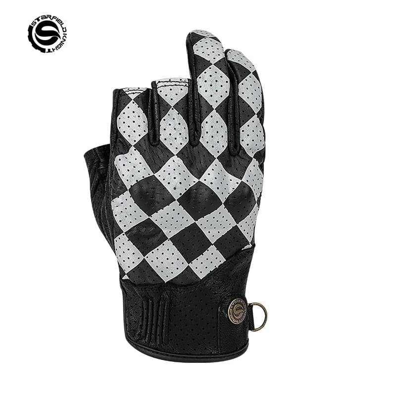 STAR FIELD KNIGHT SKG-566 Summer Motorcycle Half Finger Gloves Men Breathable Goatskin Cowhide Retro Riding Gear Black White