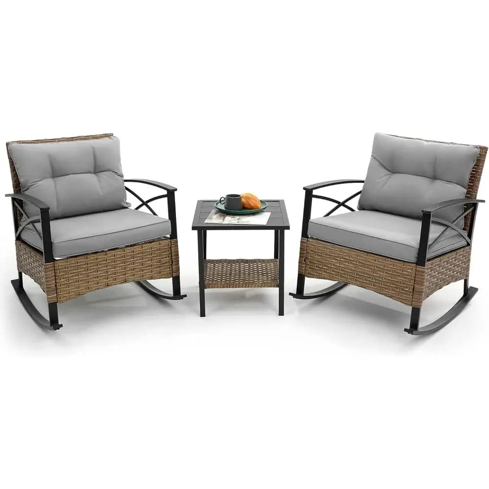 Set di 2 o 3 Sedie a Dondolo da Esterno con Cuscini, Tavolo e Sedie da Bistrot per Patio, Ideale per il Relax in Giardino, Colore Grigio