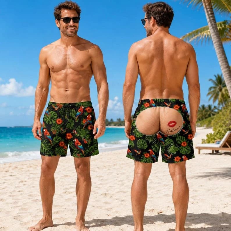 Summer Men's Funny Printed Beach Swimsuits with Fake Exposed Buttocks Visual Effect Shorts, Beach Party Creative Gift Shorts
