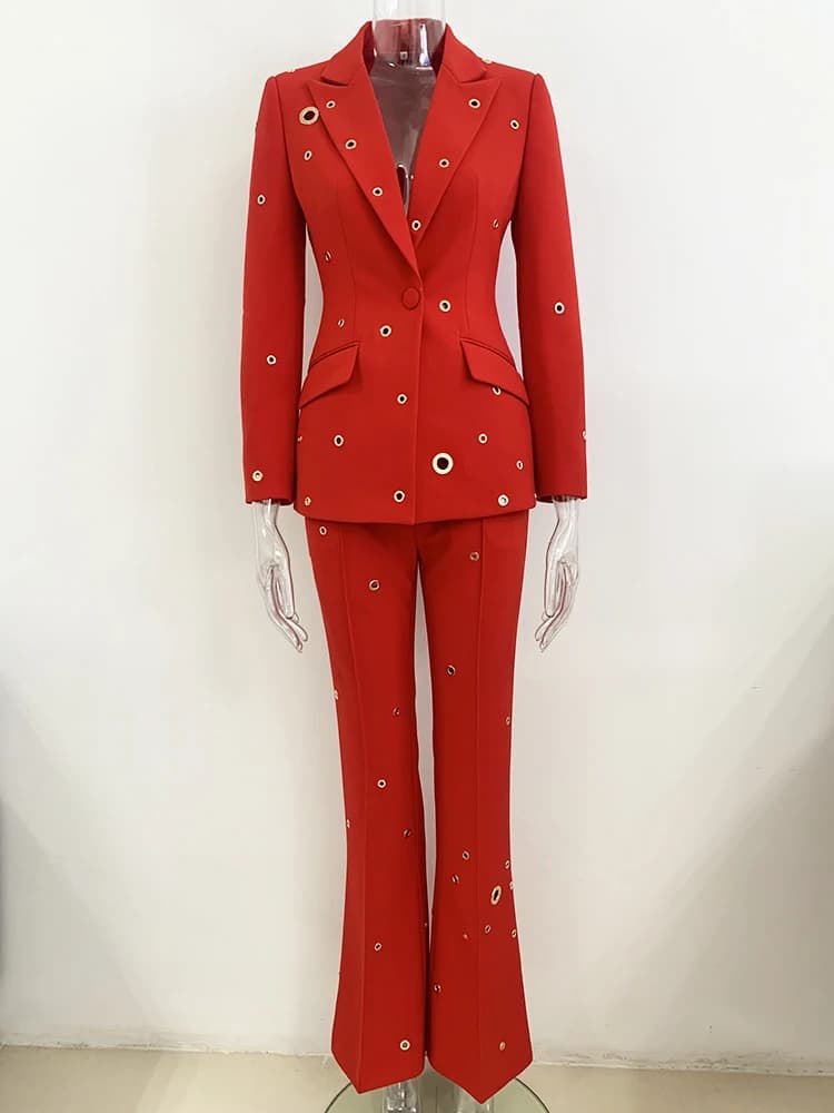 Completo da Donna di Alta Moda Autunno/Inverno 2026, Giacca Blazer Slim Fit con Bottone Singolo e Rivetti, Pantaloni Coordinati