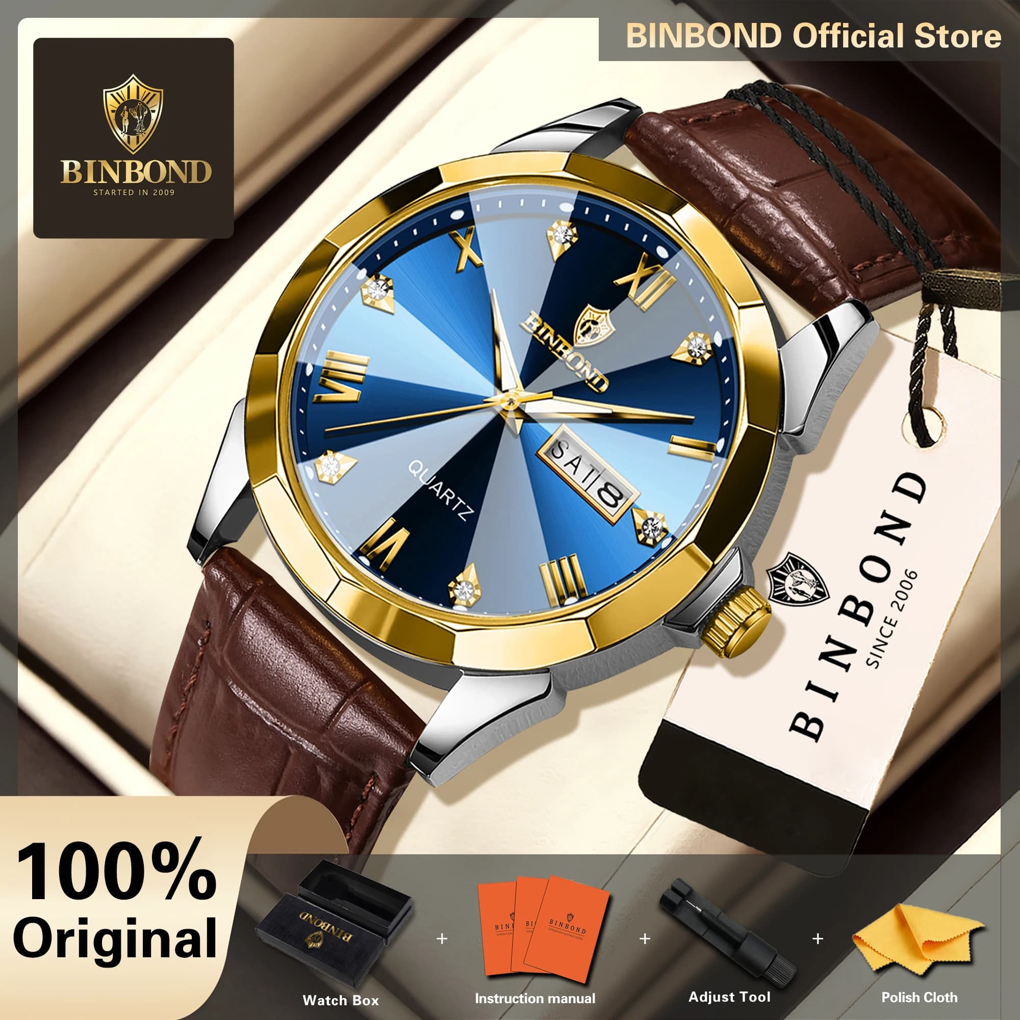 BINBOND Original Auto Date Week Display Men's Watch Reloj Hommes Leather Quartz Watches For Men Luxury Luminous Waterproof +Box