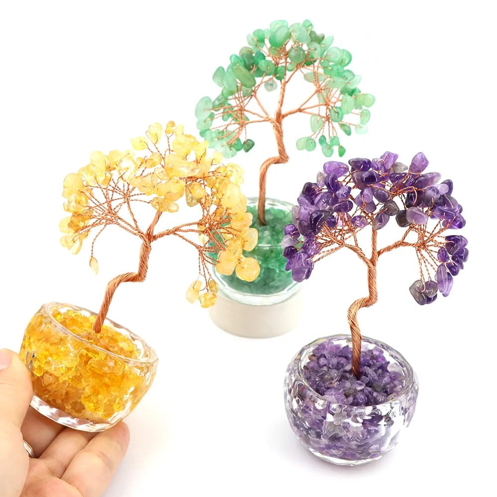 Alberi della Fortuna in Cristallo da 130mm, Pietre Naturali Citrino e Ametista, Gemme Curative, Artigianato Stile Pianta in Vaso, Regalo di Inaugurazione Casa, Decorazione per la Casa