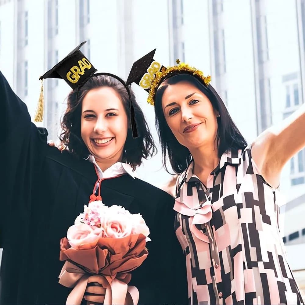 Fascia per capelli per la laurea antiscivolo con nappe, a forma di cappello da laureato, brillante, per la stagione delle lauree