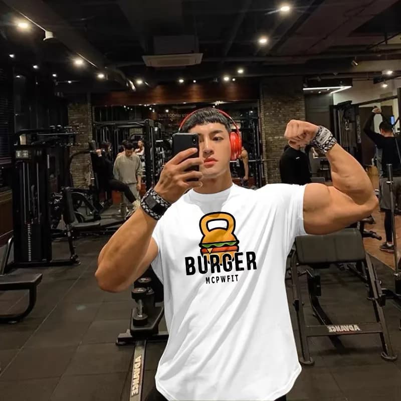 MCPWFIT Burger Kettlebell Creative Graphic Cotton Gym T-Shirt Chest Print White Unisex Crew Neck Short Sleeve Men's T-shirts