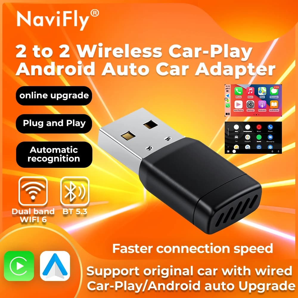 Navifly New CarPlay Android 2025 Wireless Adapter for Smart Car Plug & Play Vocal Control BT 5.3 WiFi USB Conforms 98% Vehicle