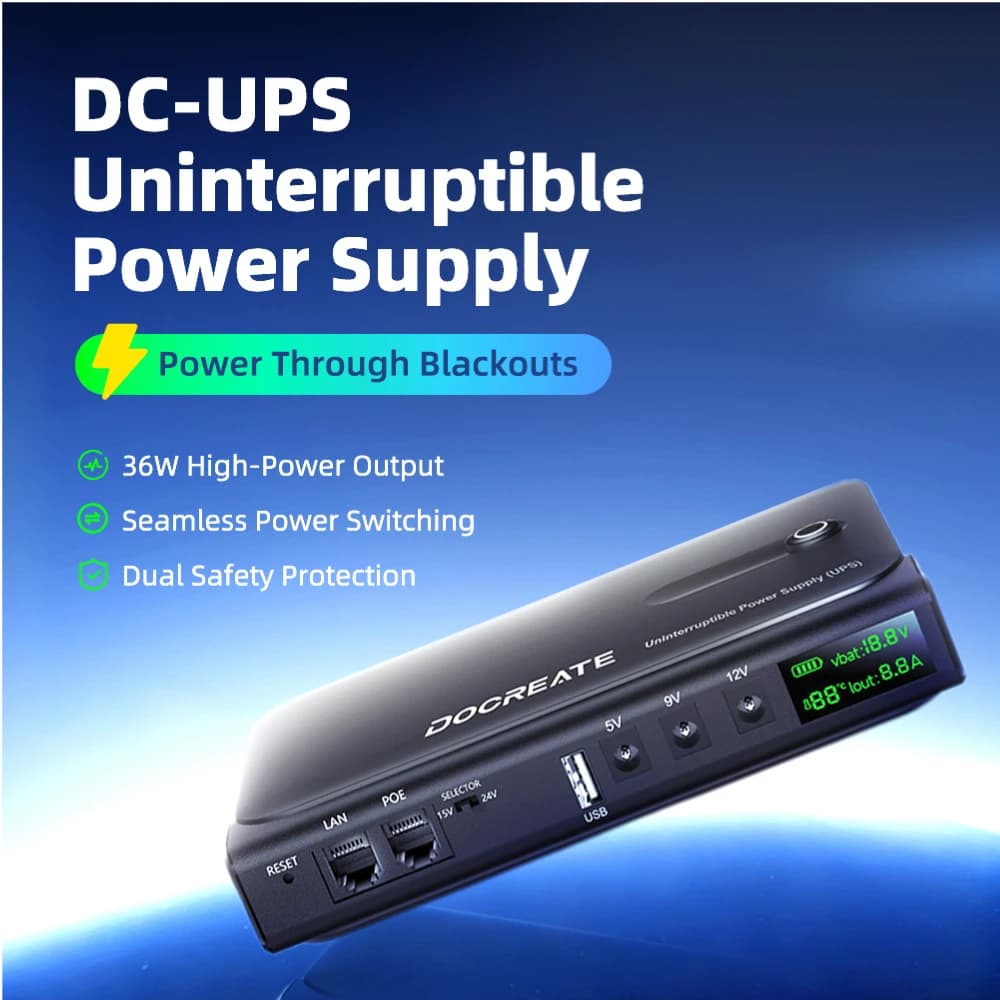 DC UPS 5V-24V Output 36W Continuity group 4*18650 Battery (not included) Backup power for Home Router Phone Tablet Modem