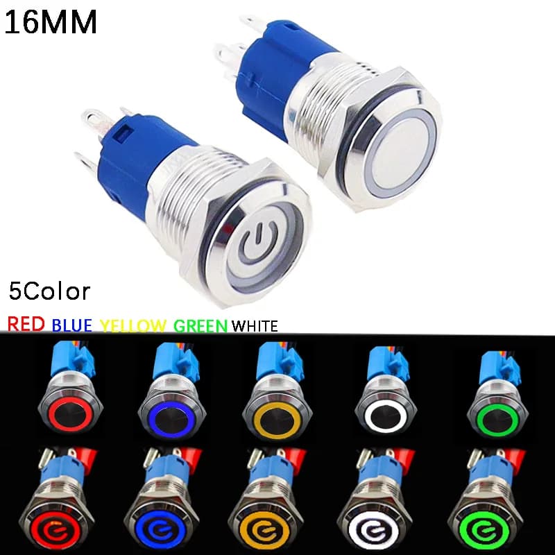 Pulsante in metallo 16mm 1NO 1NC anello lampada simbolo di alimentazione guscio in rame auto Reset interruttore On e Off bloccato