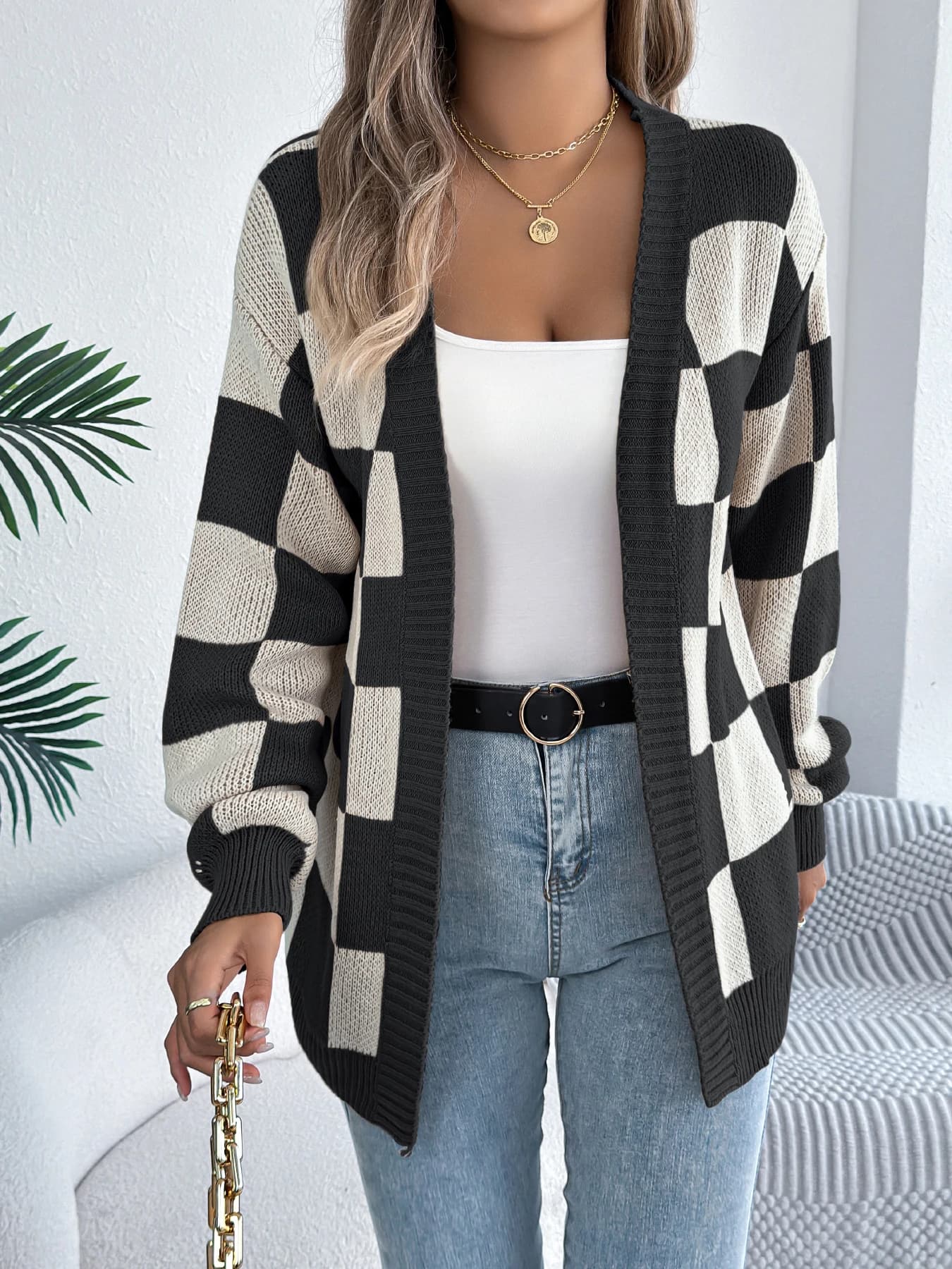 Women Plaid Color Block Knit Cardigan Long Sleeve Fall Winter Resort Ready Sweater Jacket