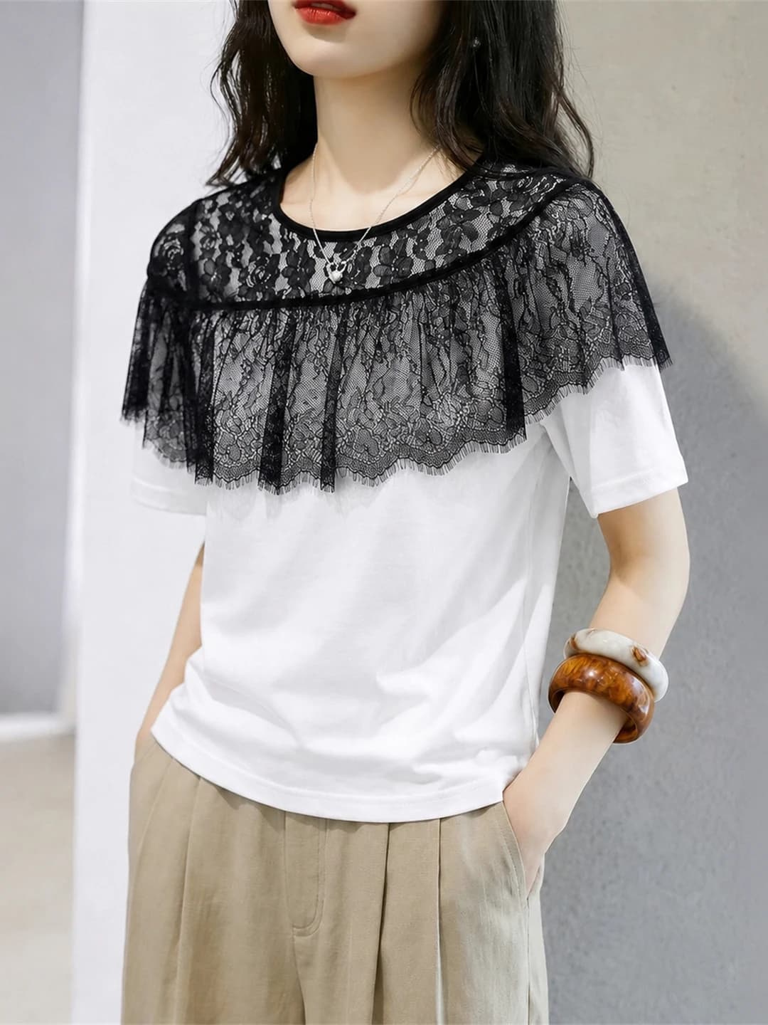 Fashionable Lace Splice Short Sleeve Top Women's Clothing Versatile Summer T-Shirt Korean Style Straight Cut Silk Fabric