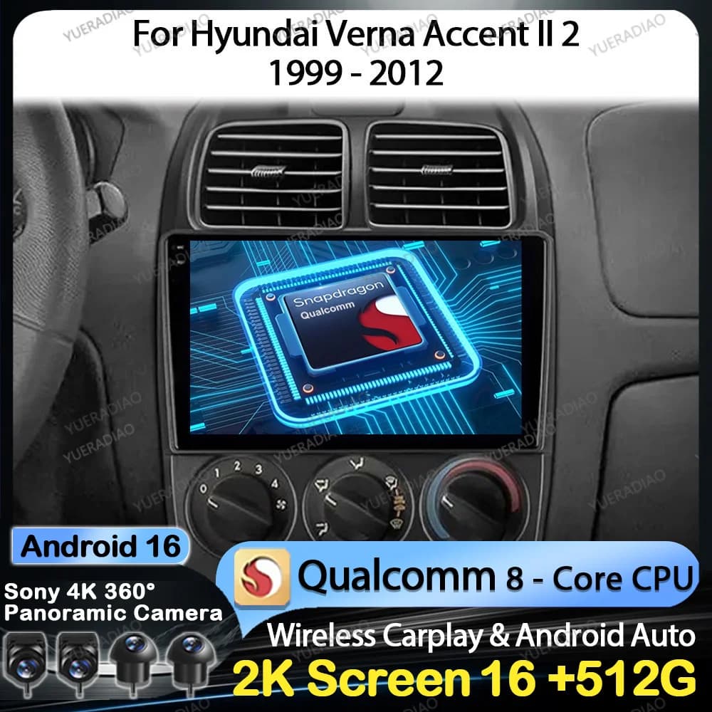 Autoradio Android 16 per Hyundai Verna Accent II 2 1999 - 2012 GPS NAVI Qualcomm Lettore Multimediale Video 4G LTE 5G WIFI QLED BT