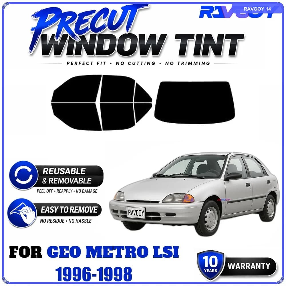 RAVOOY Precut Window Tint, Reusable Removable EPU Film, Custom Fit for Geo Metro LSI 1996-1998, UV Heat Protection
