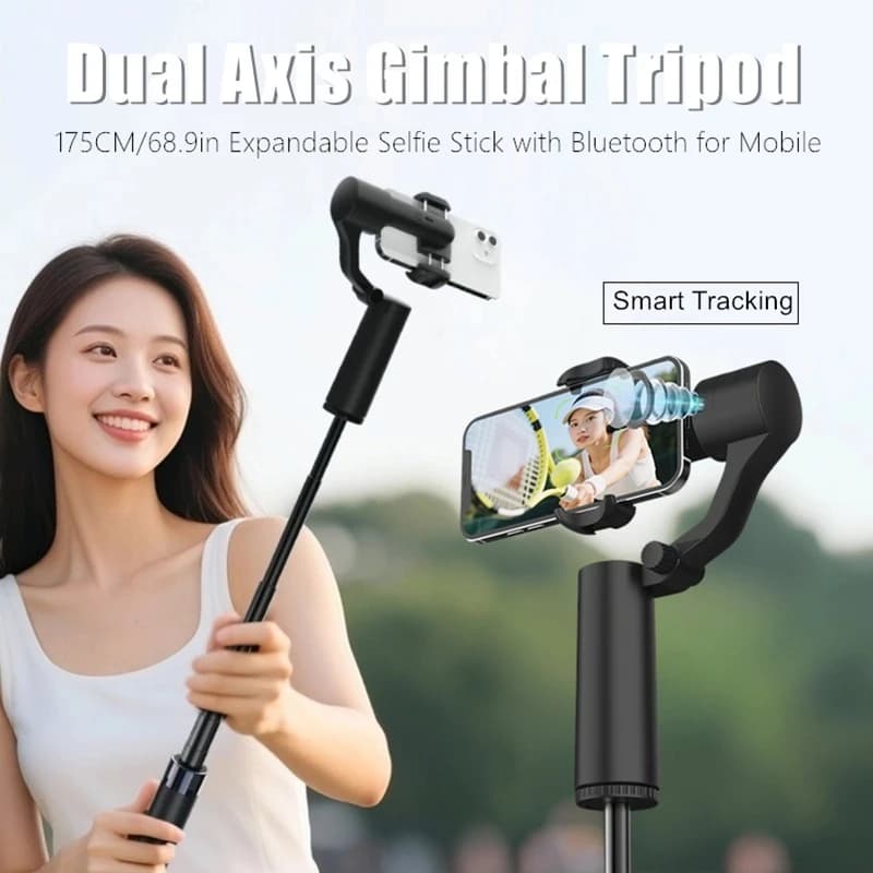 Gimbal a 2 Assi per Smartphone, Asta Selfie con Rotazione Automatica a 360° e Tracciamento Automatico, Asta Estensibile da 175 cm e Telecomando Bluetooth per Scatti Remoti