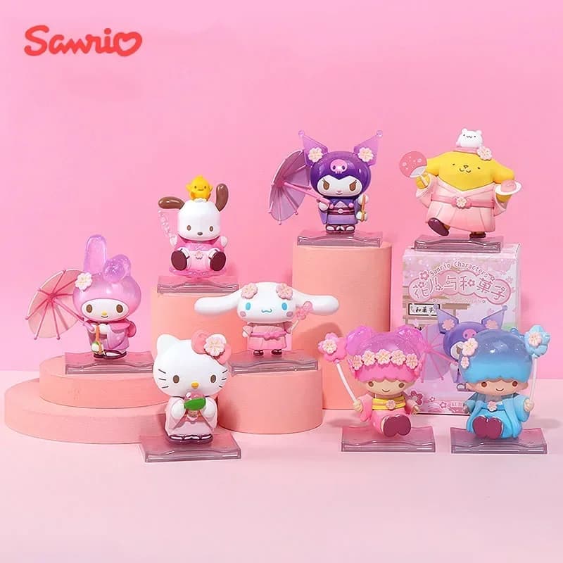 Personaggi Sanrio con Fiori e Frutta, Bambole Carine in Scatole Sorpresa, Kuromi, Cinnamoroll, Hello Kitty, Melody, Collezione di Figure Anime