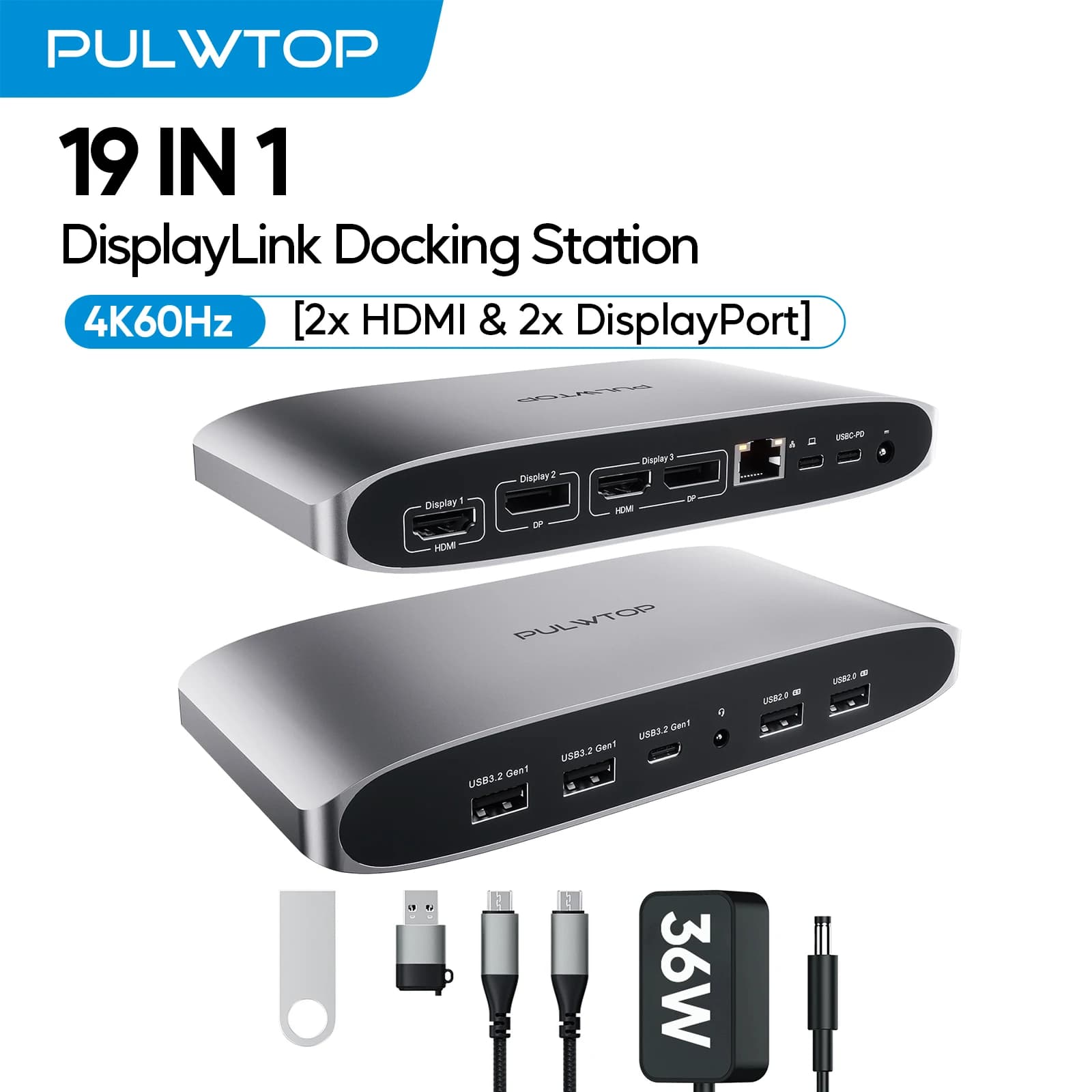 Docking station Displaylink PULWTOP, dock DisplayLink a triplo display con 4K a 60 Hz 2 HDMI, 2 porte display, PD, USB A/C, Ethernet